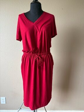 Huskary Short Sleeve Red Tshirt Dress Elastic Waist Pockets SZ Small V Neck